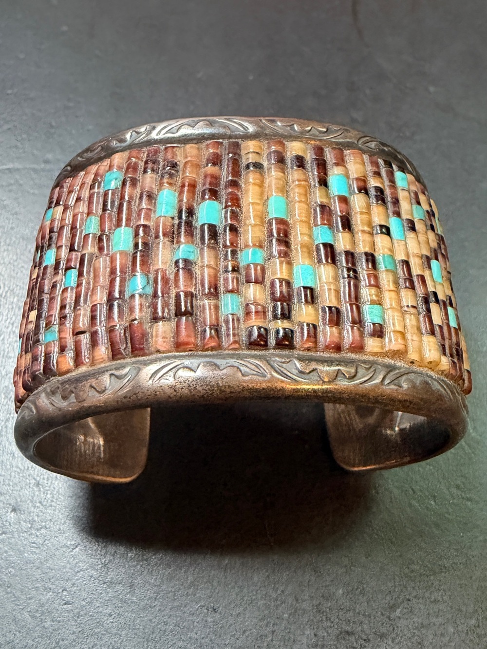 Native American Navajo Sterling Silver Penshell & Turquoise Heshi Cuff Bracelet - Picture 10 of 16